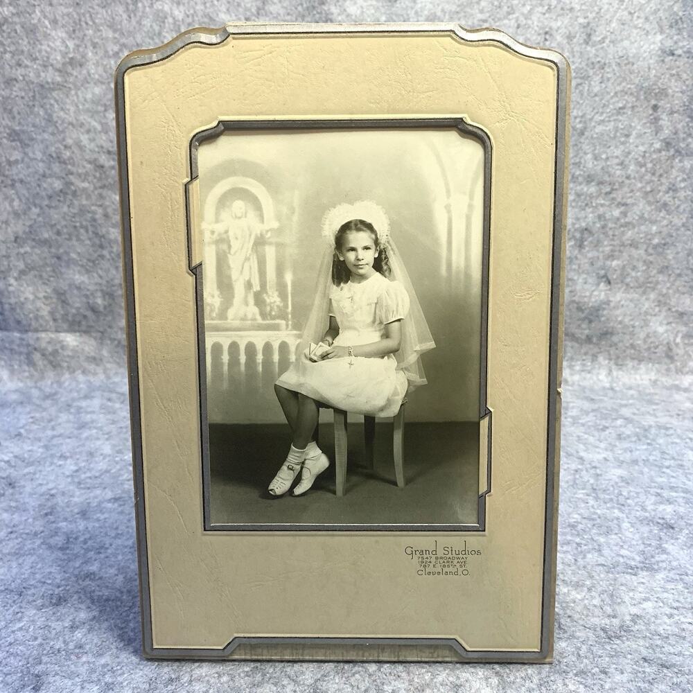 VINTAGE Photo: Communion Girl, Pretty Girl, Dress Bible Rosary, Original Frame